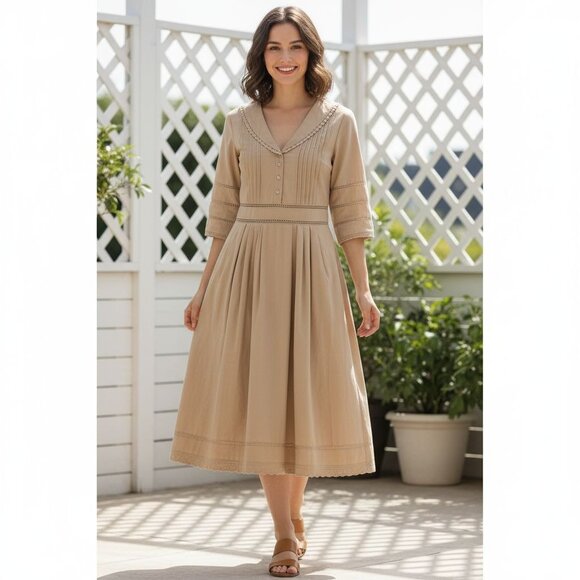 Simply Retro Fiona 100% Cotton 50s Inspired Midi Dress Tan Size M - Picture 4 of 9